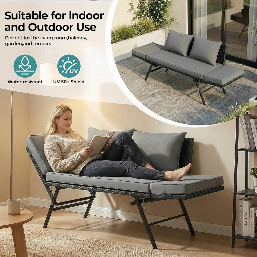 Divano Esterno Giardino in Polyrattan con Funzione Reclinabile, Divanetto da Esterno 2 Posti,Mobili da Giardino in Rattan,Divano in Polyrattan con Braccioli Regolabili,per Giardino,Terrazza (Nero)