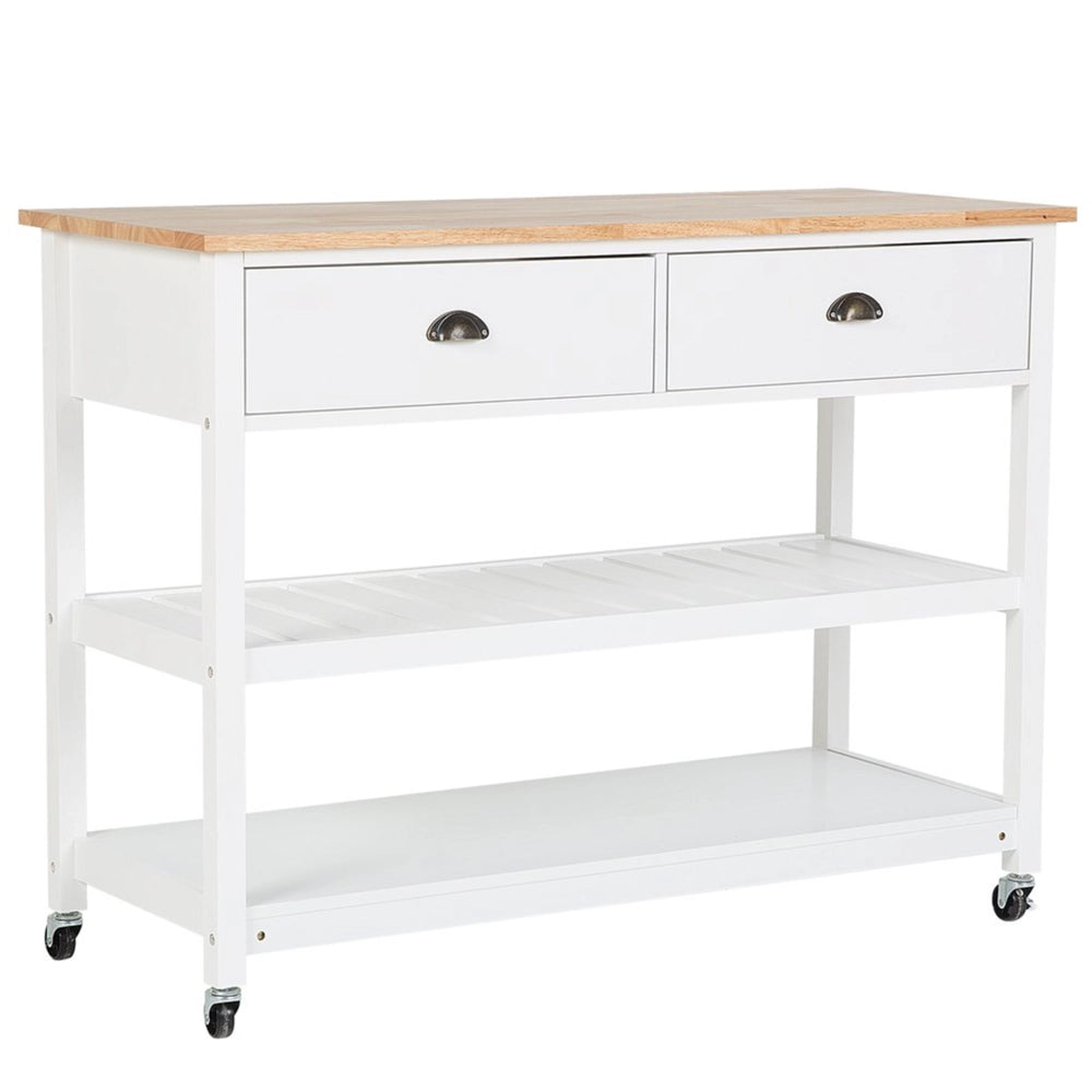 Carrello Cucina Bianco Legno Chiaro Piano 2 Ripiani 2 Posate Cassetti Rotelle Scandinavo Moderno