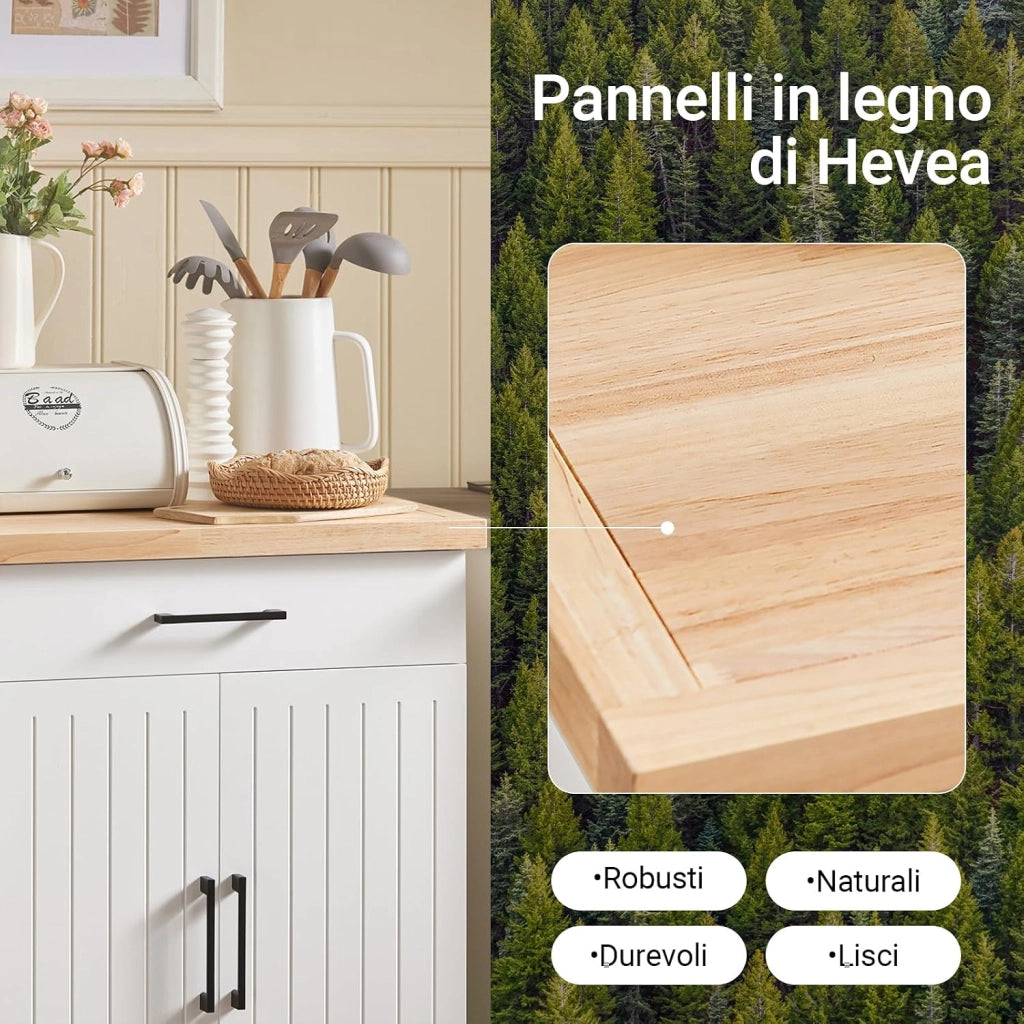 Carrello cucina con ruote, piano in legno di gomma, mobile cucina salvaspazio in MDF, isola cucina moderna – Ideale per cucina, sala da pranzo o ristorazione – 74x91x46 cm, FKW119-WN