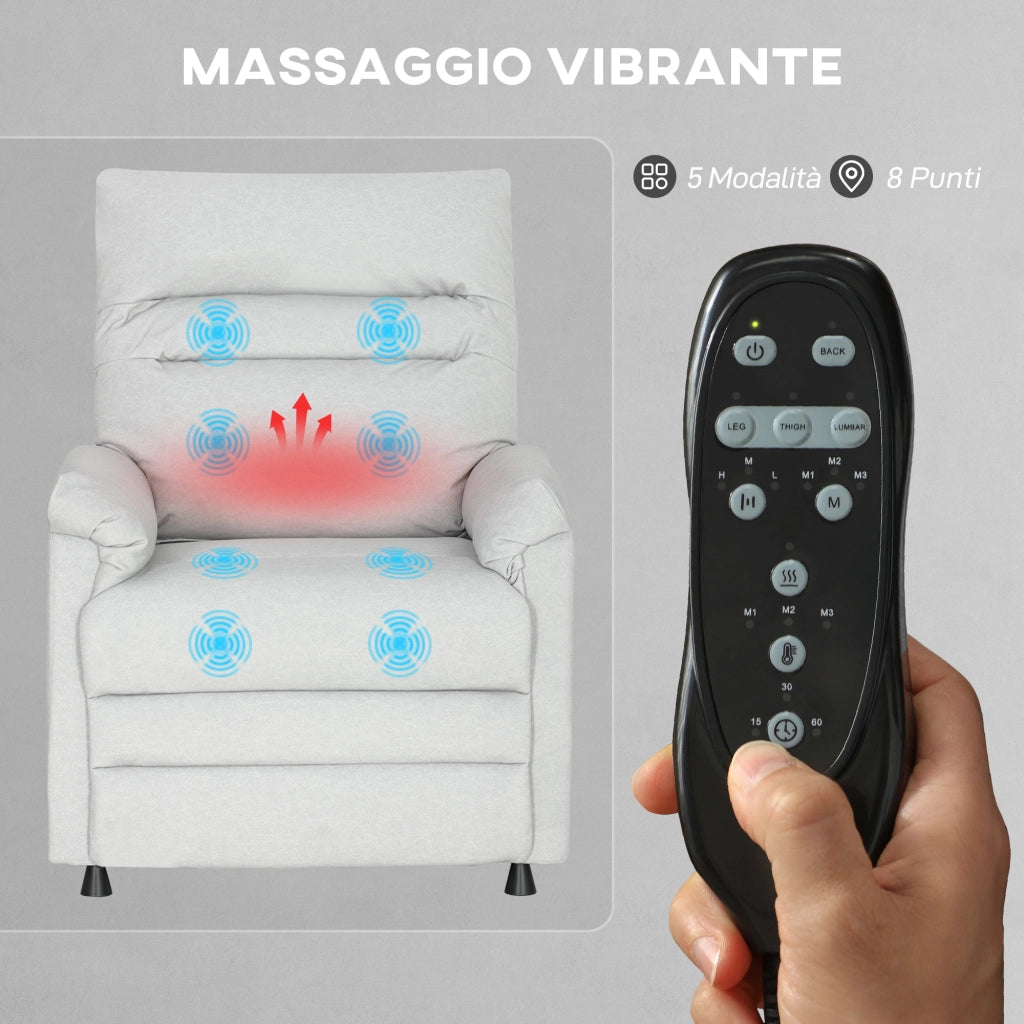 Poltrona Reclinabile con Riscaldamento, 8 Punti Massaggio e 5 Modalità 82x99x106 cm in Tessuto Effetto Velluto Grigio