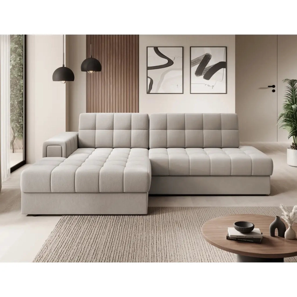 Divano angolare trasformabile CUBITO beige 240 cm con vano contenitore e letto