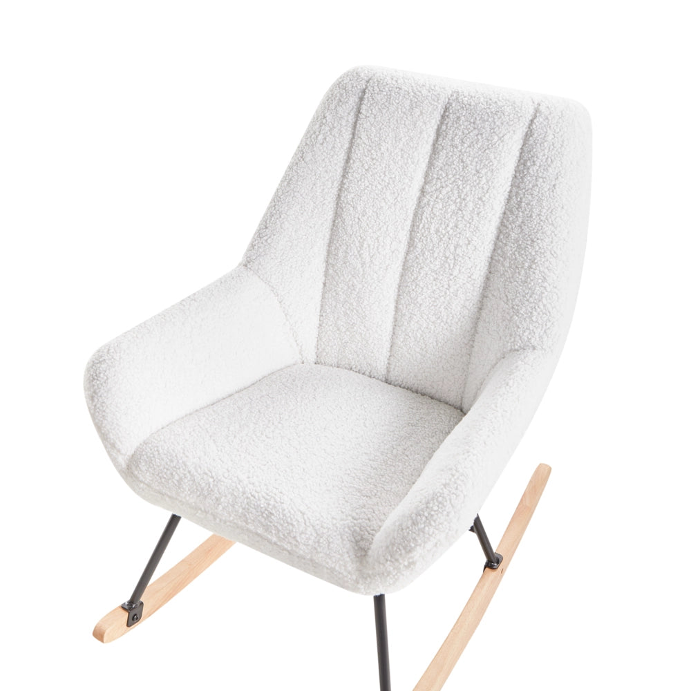 Sedia a dondolo Rivestimento in bouclé bianco sporco Teddy Metallo Gambe nere Braccioli Ampio schienale Soggiorno