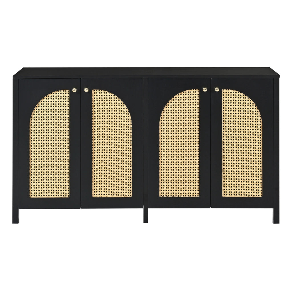 Credenza a 4 ante in MDF e rattan PE; nera