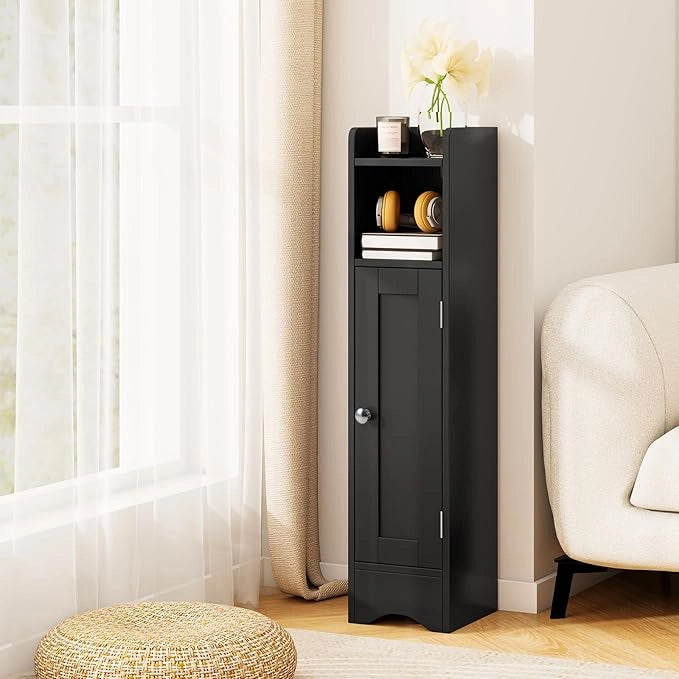 Mobiletto per Bagno Piccolo, Armadietto Salvaspazio da Terra Angolare con Porta e Ripiani Regolabili, Porta Carta Igienica Stretto, Mobiletto per Soggiorno, Cucina e Ingresso (Nero)