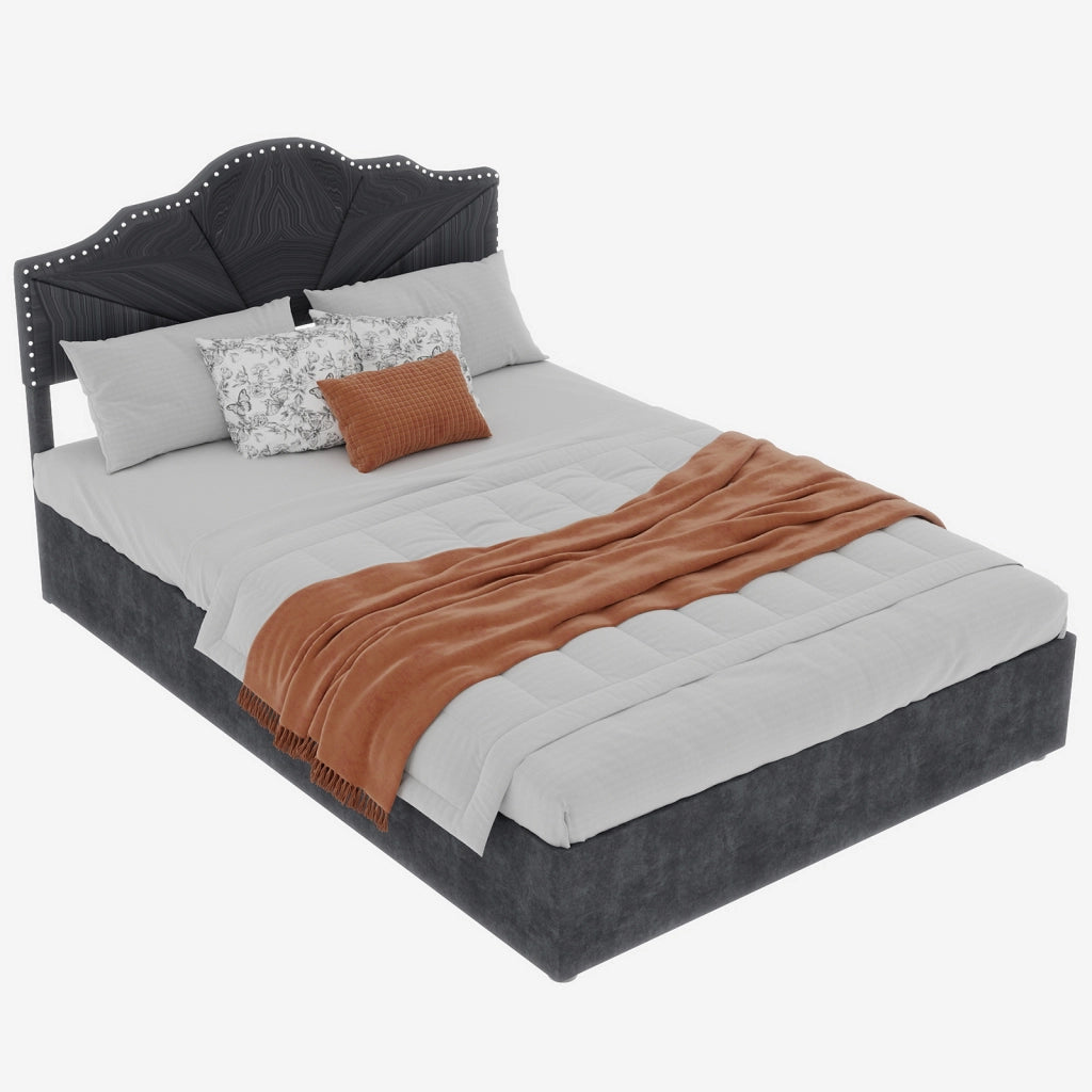 Letto Matrimoniale 140x200 cm; Testiera Geometrica in Tessuto e Metallo; Grigio