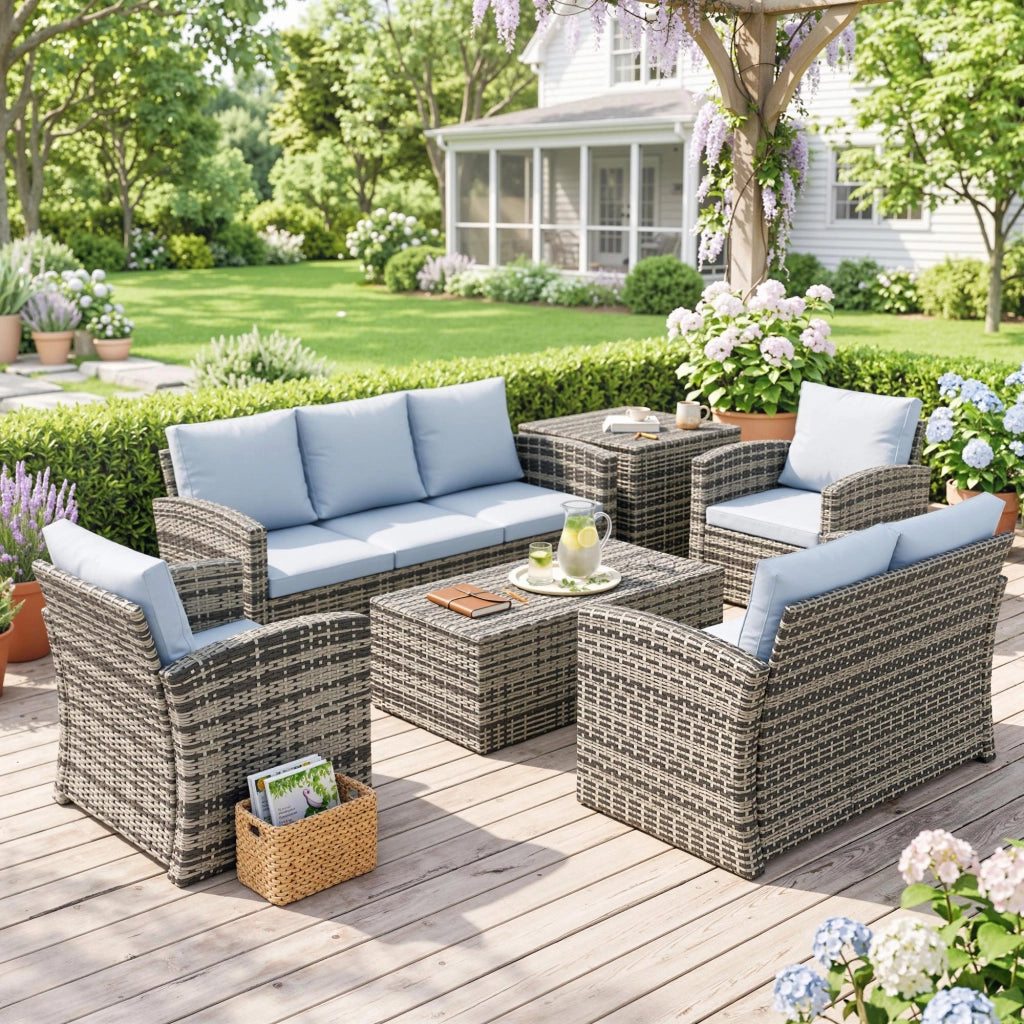 Set da Esterno 6 Pezzi con 2 Tavolini Contenitore, 2 Divani e 2 Poltrone, in Rattan e Acciaio, Grigio