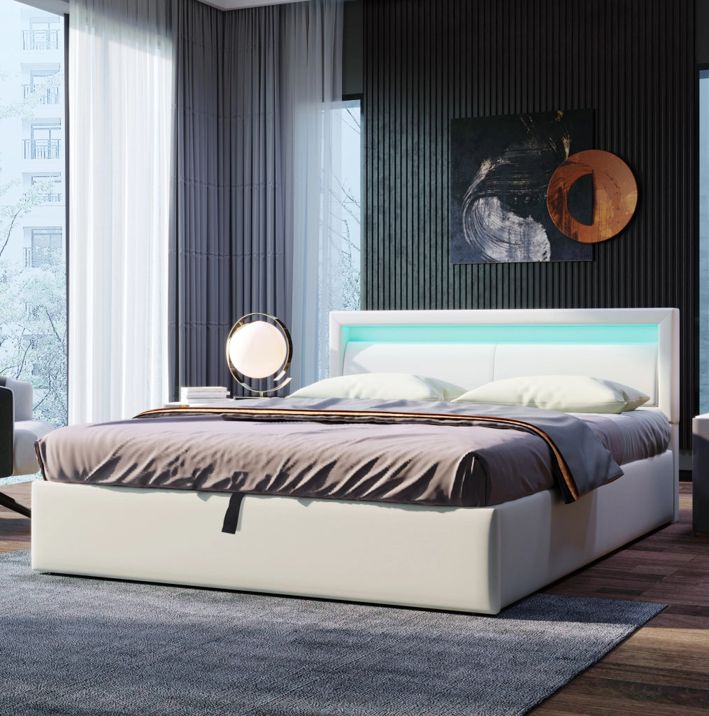 Letto imbottito 140x200 cm con contenitore; rete a doghe e luce LED bianca; bianco in PU