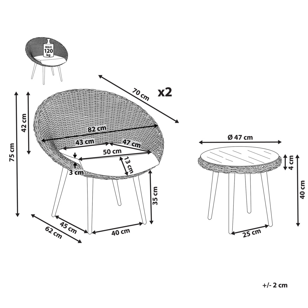 Set da bistrot da balcone con cuscini in vimini PE beige, tavolino e 2 sedie dal design moderno per esterni
