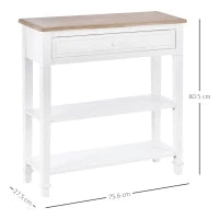 Tavolo Consolle Bianco e Color Legno con Cassetto e 2 Ripiani, Tavolino Salvaspazio in MDF, 75.6 x 27.5 x 80.5cm
