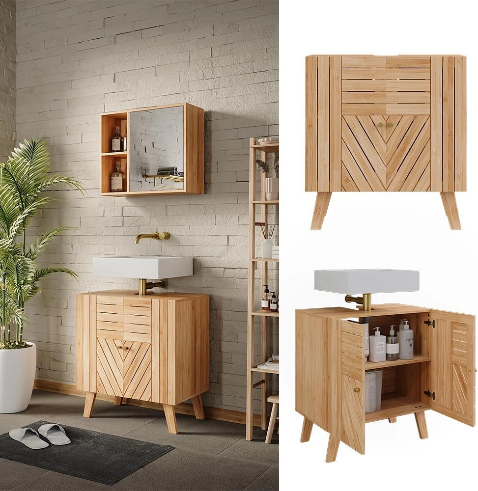 Mobiletto per lavabo Lucie, Bambù, 60 x 65 cm con 2 porte, adatto per la conservazione salvaspazio di accessori da bagno