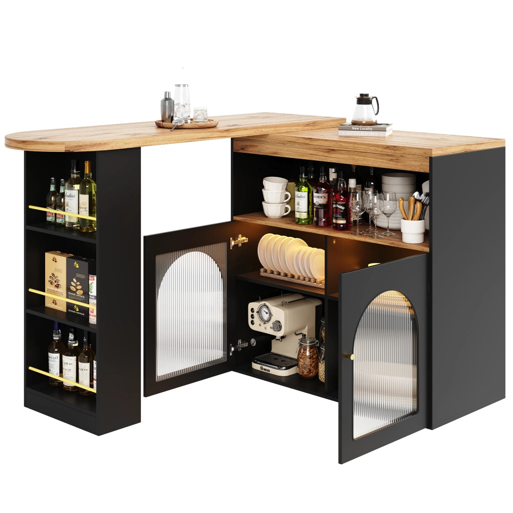 OKWISH Tavolo Bar Estensibile con Ripiani a 3 Livelli, Rotazione 360 e LED, per Sala da Pranzo, MDF, Nero, 138-193 × 39 × 105 cm