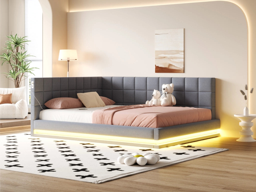 DESMIU Lit Divano 160 × 200 cm 2 posti con illuminazione LED, USB, senza materasso, in lino, grigio