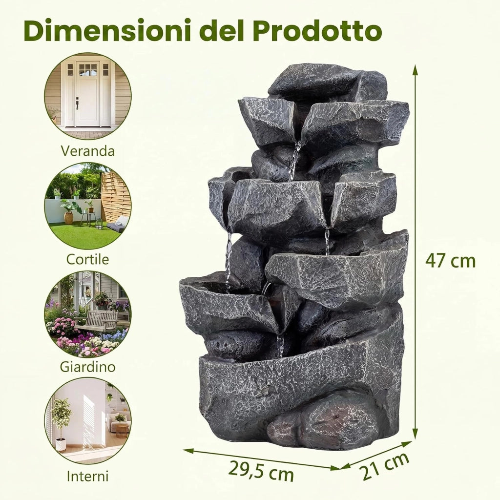 Fontana da Giardino a 5 Livelli con Luci e Flusso Regolabile | Fontanella Cascata Elettrica a Forma di Roccia con Effetto di Pietra da Terrazza e Balcone