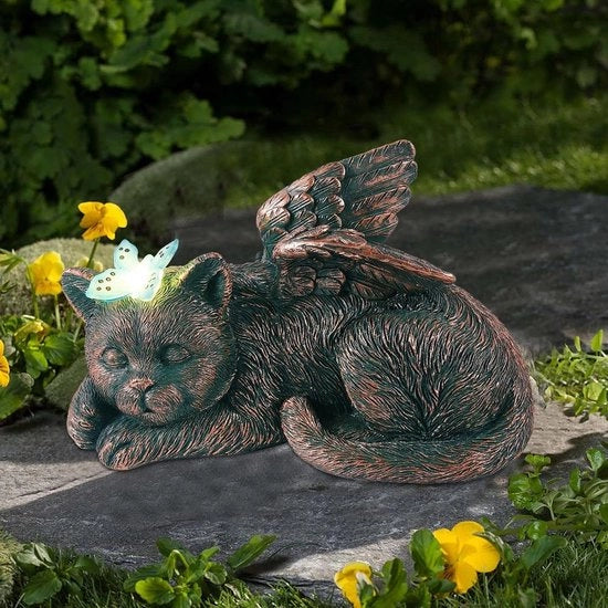 Statua di Gatto Addormentato con Farfalla Luminosa per Memoria di Animali da Compagnia Ornamento da Giardino con Fonte di Luce Solare per Cimitero di Animali da Compagnia.