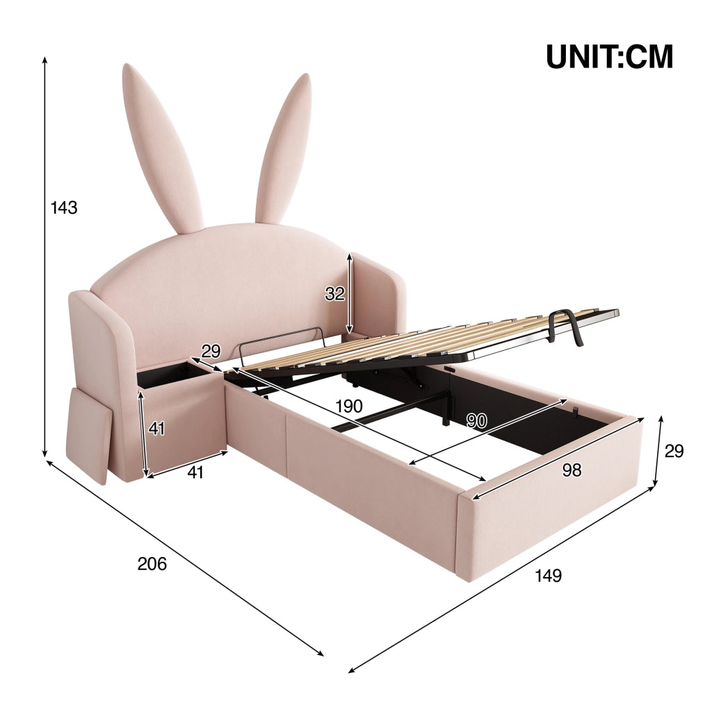 Letto singolo 90x190 cm imbottito rosa con contenitore; comodino integrato e testiera con orecchie