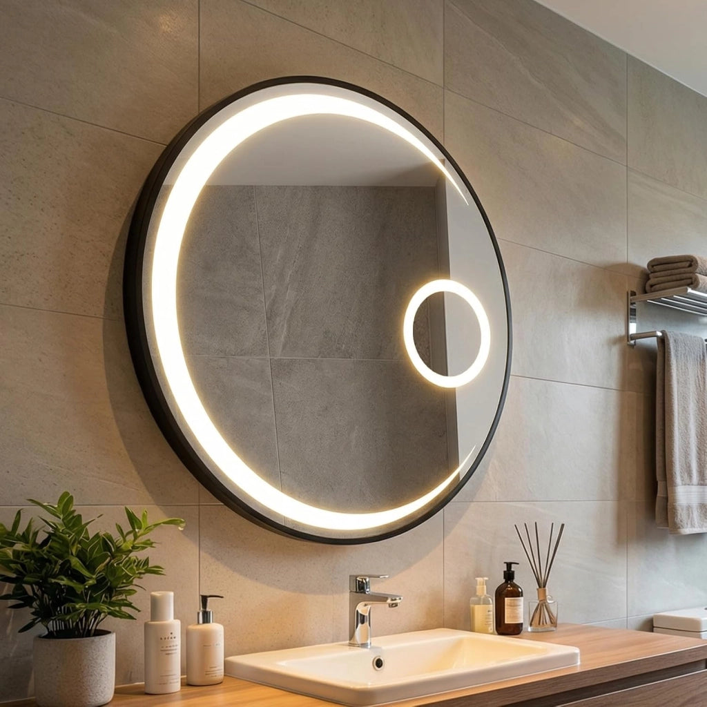 Specchio Bagno con Luce LED da 61 cm, Specchio Rotondo da Parete con Lente d'Ingrandimento 3X, Antiappannamento, 3 Colori Luce, 3000K-6500K, Luminosità Regolabile, IP44