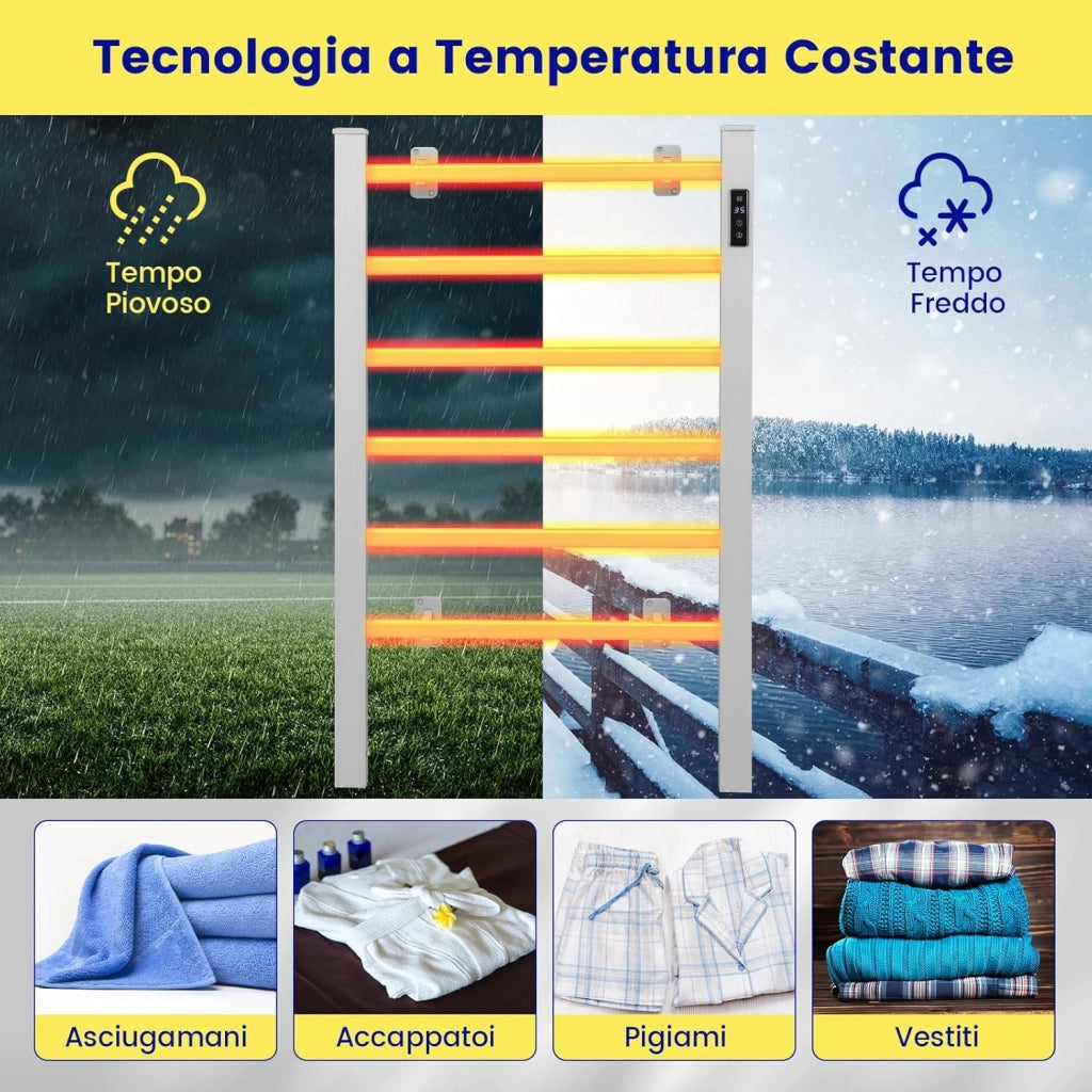 COSTWAY Scaldasalviette Riscaldato, con 6 Barre Riscaldate e Timer, Scaldasalviette Elettrico con Display LED Protezione Contro Surriscaldamento e Costante della Temperatura, in Alluminio