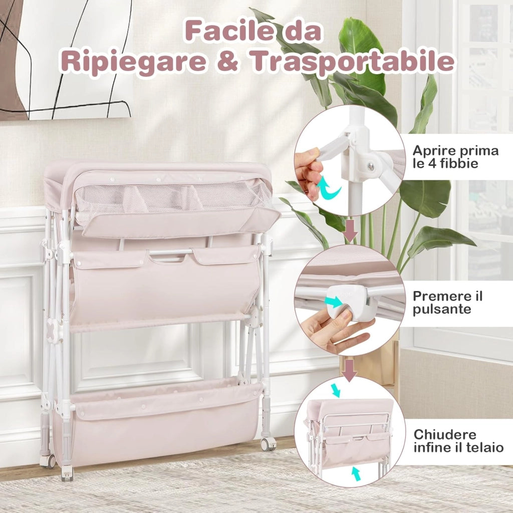 Fasciatoio Pieghevole Neonato, Fasciatoio Portatile con Altezza Regolabile, Comodino per Pannolini con Ruote di Bloccabili, 2 Ripiani, Porta Asciugamani, Cestino di Rifiuti (Beige)