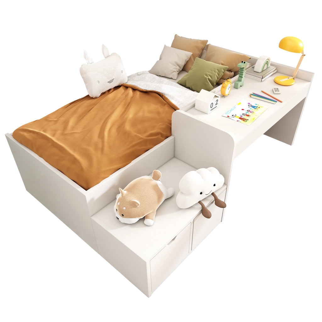 Letto per bambini 90x200 cm con scrivania e 2 cassetti, in legno massello e MDF, bianco
