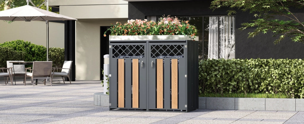 Bidone della spazzatura; con fori di ventilazione a forma di diamante; compartimenti per lo stoccaggio della spazzatura; chiudibile a chiave; due porte; area per piantare