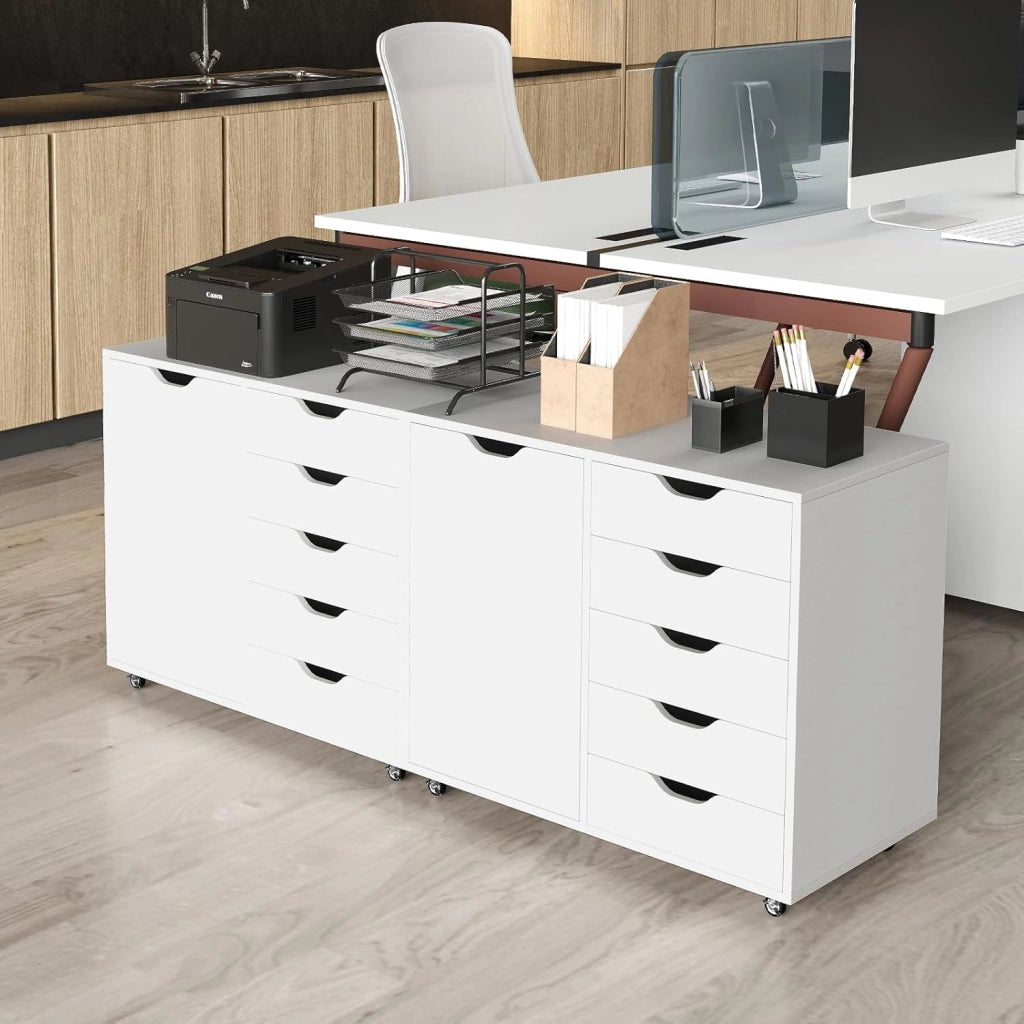 Mobiletto con 5 Cassetti e Anta, Cassettiera per Documenti con 5 Ruote e Ripiano Regolabile, per Soggiorno, Ufficio e Cucina, 79 x 40 x 65 cm (Bianco)