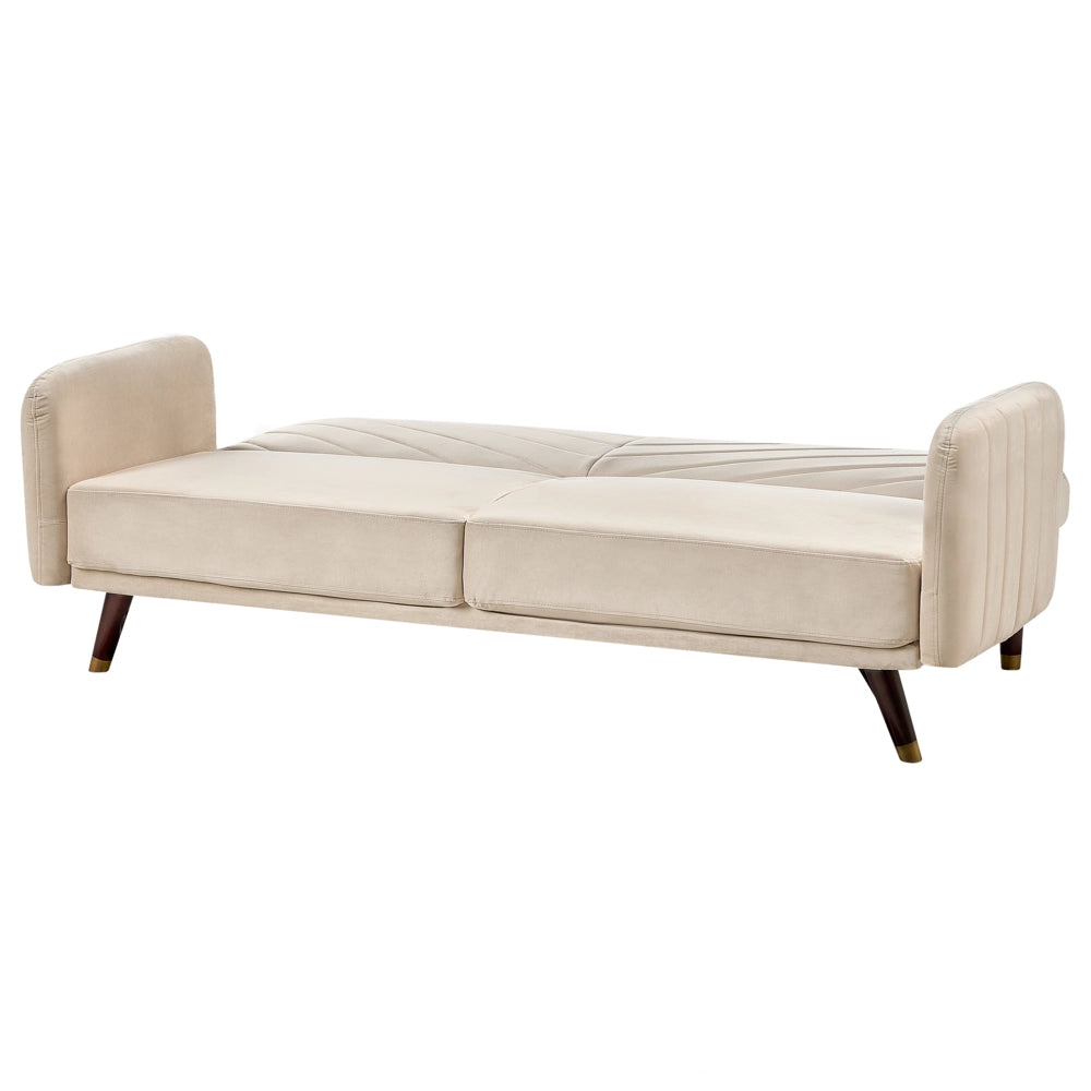 Divano Letto Tessuto Velluto Beige Soggiorno Retrò 3 Posti Gambe In Legno Bracci Pista