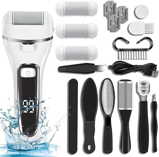 Set Pedicure Elettrico con 17 Strumenti, Ricaricabile, 2 Velocità, Illuminazione e Progettazione Impermeabile