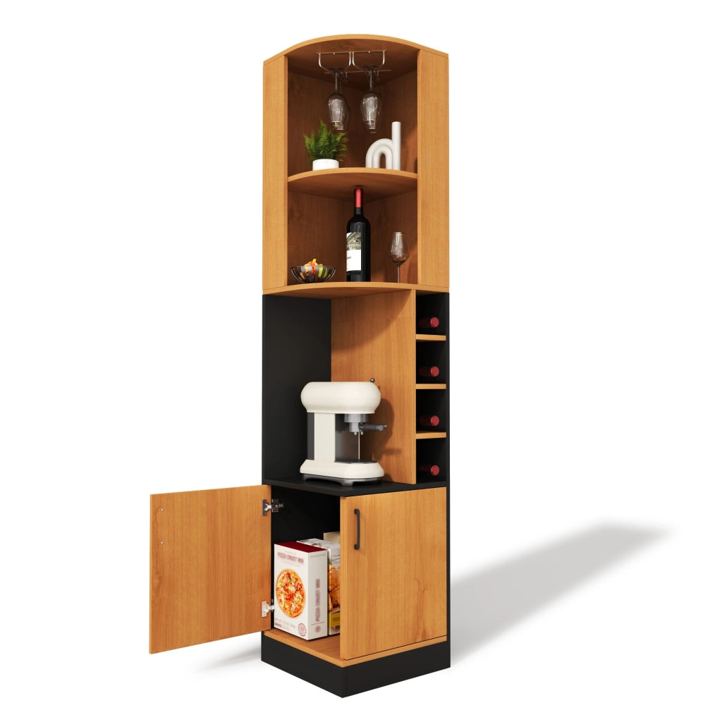 Mobile angolare portabottiglie e portacalici 40x40x182 cm in MDF, con vani aperti e credenza chiusa