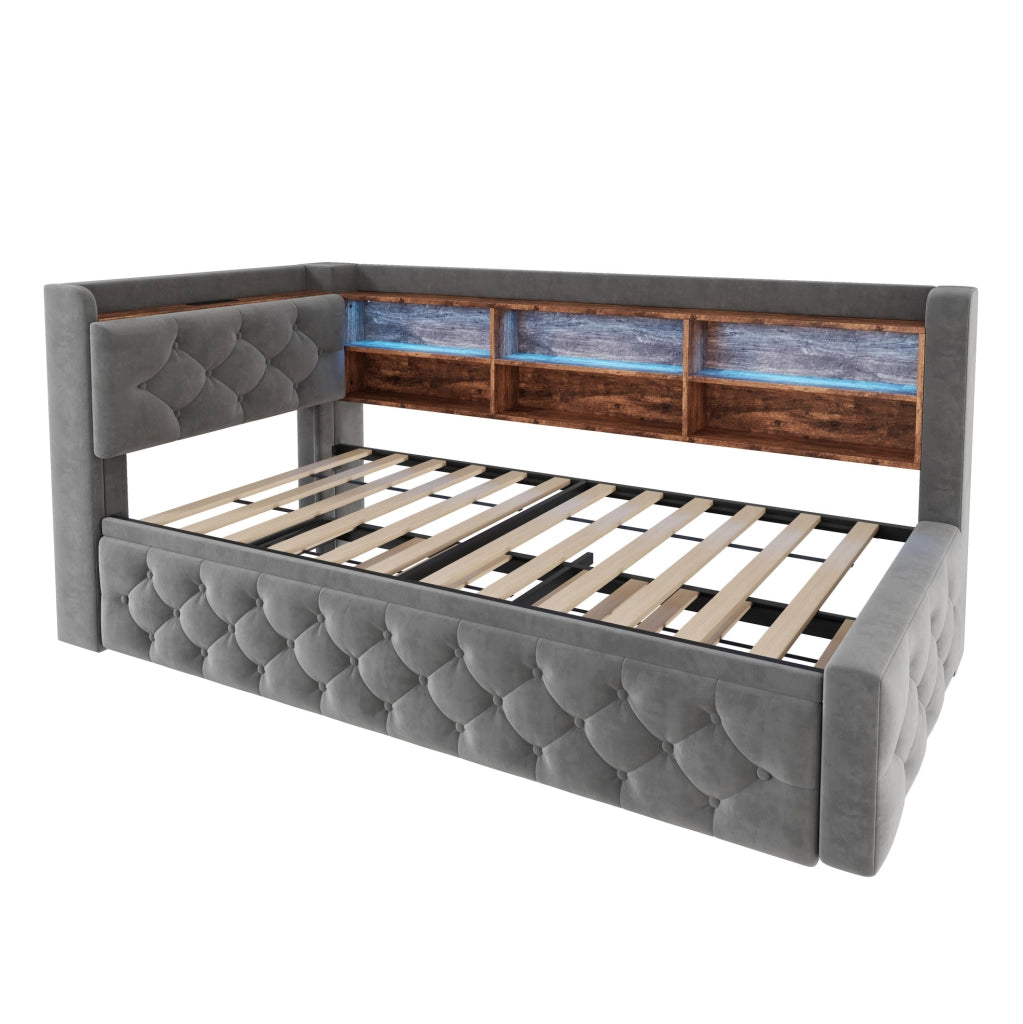 Divano letto estraibile 90x190 cm con LED, USB e USB-C in velluto grigio scuro
