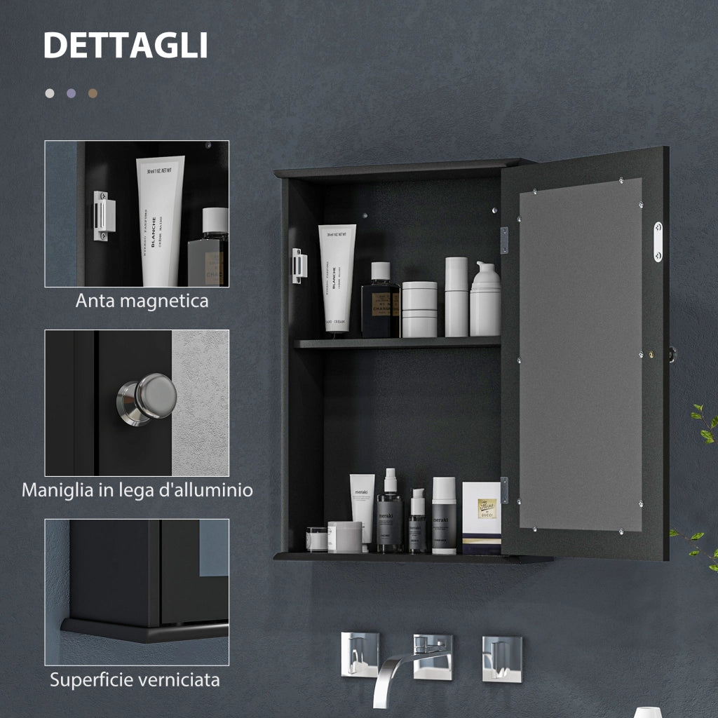 Mobiletto Bagno Pensile con Specchio e Anta a Chiusura Magnetica ¨C zephmum ¨C Nero 41x14x60 cm
