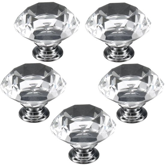 Maniglia porta 40 mm - Vetro cristallo - Laminazione zinco - 5 pezzi - Design diamant finto - Adatto per porte carico/cassette - Maniglia cassettiera