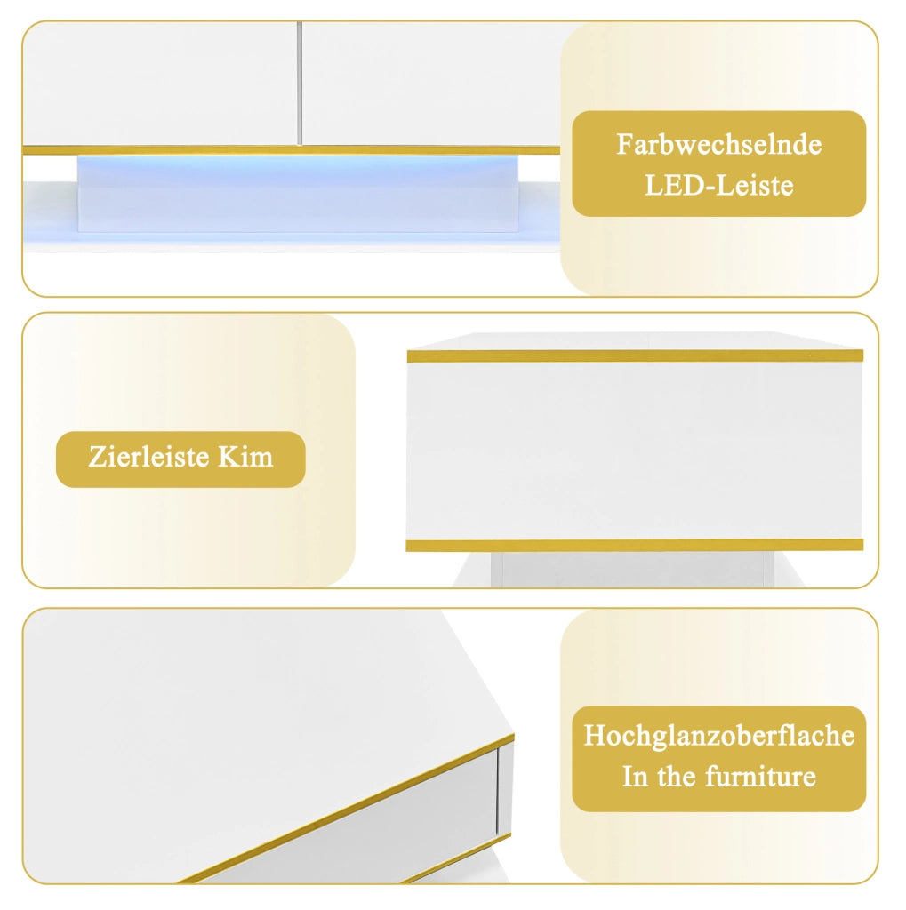 Tavolino da caffè bianco lucido con LED, 3 cassetti e dettagli oro