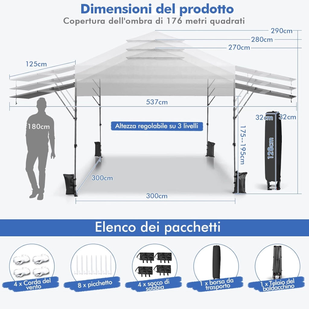 Gazebo Pieghevole da Giardino 3 x 3 m, Gazebo da Esterno con Design a Doppia Tenda, Design Pop Up e 4 Sacchetti di sabbia, Altezza Regolabile, Ideale per Feste, Giardino e Spiaggia (Bianco)