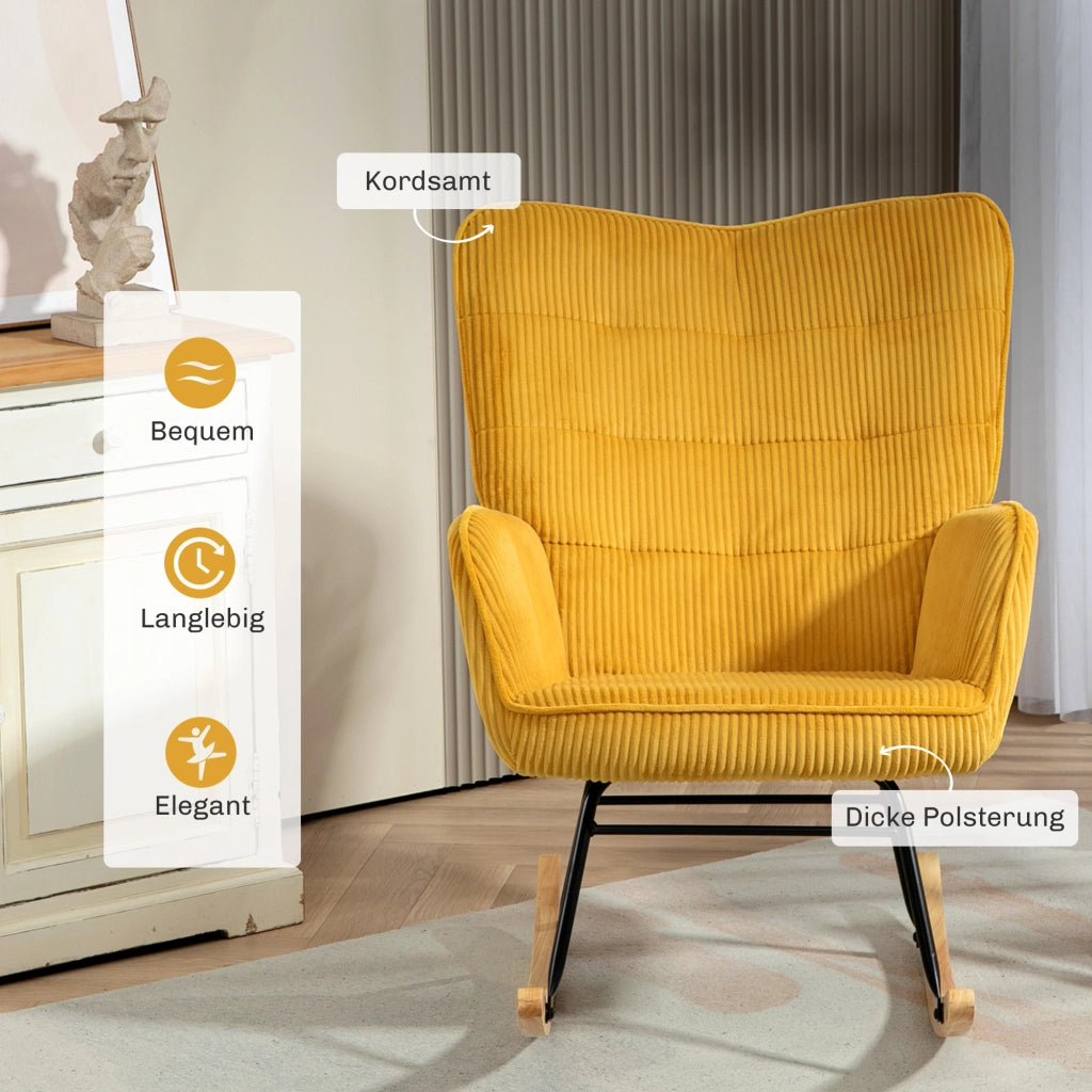 Fauteuil a dondolo con rivestimento in velluto a coste, schienale alto e braccioli, struttura in acciaio giallo
