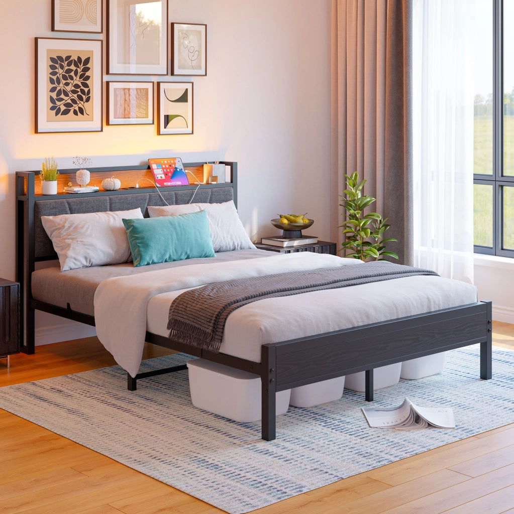 Letto matrimoniale 140 x 200 cm in metallo con testiera contenitore, LED e ricarica USB