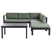 Set da giardino divano 5 posti e tavolo elevabile con struttura bianca e piano in vetro e cuscini nero e verde stile moderno scandinavo