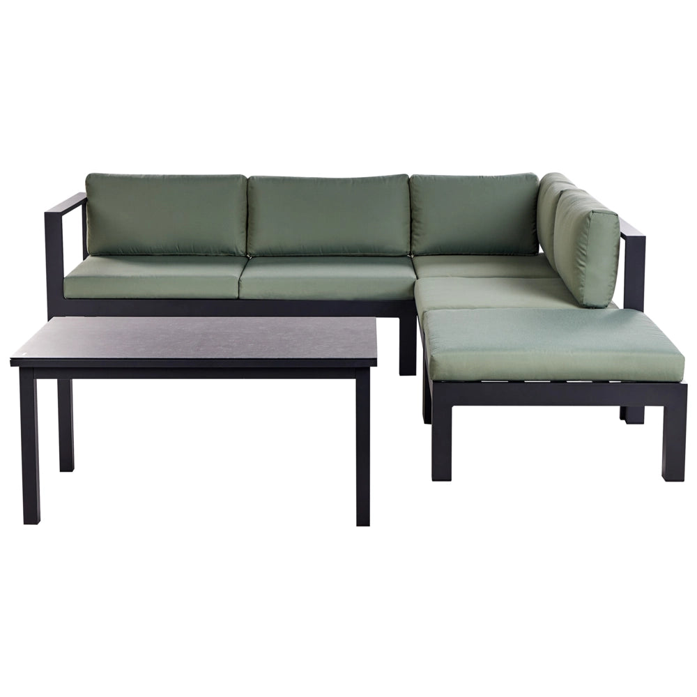 Set da giardino divano 5 posti e tavolo elevabile con struttura bianca e piano in vetro e cuscini nero e verde stile moderno scandinavo
