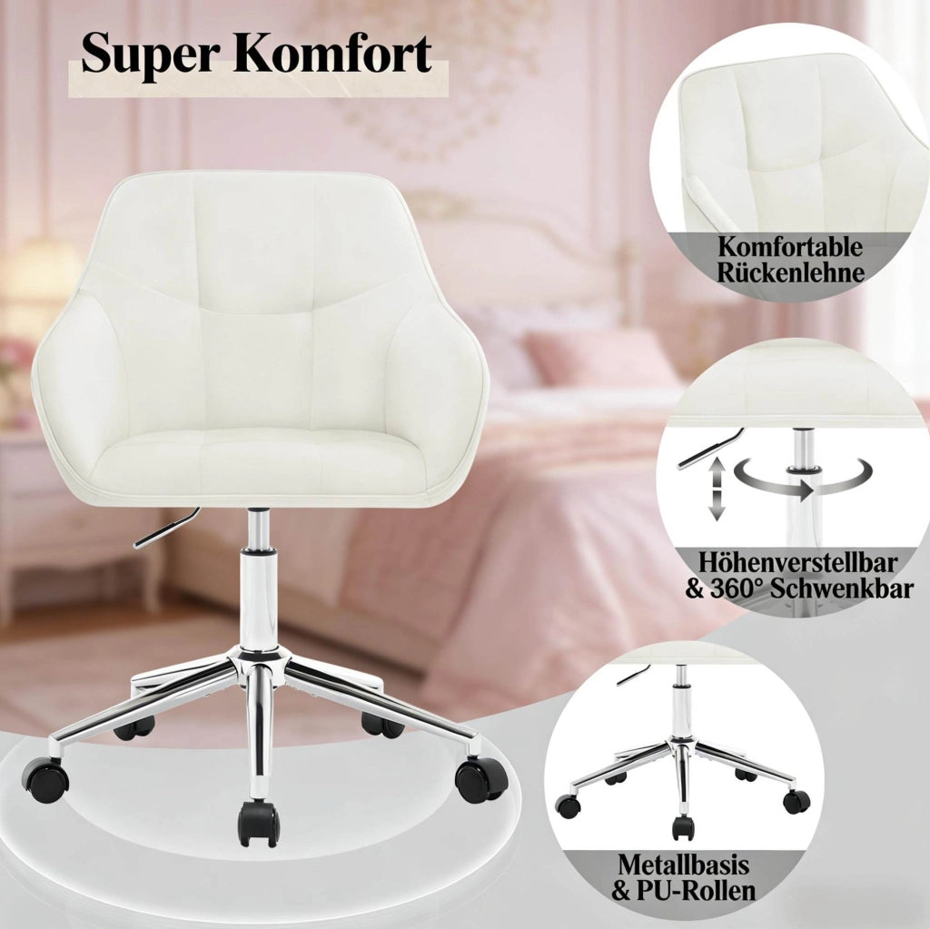 Sedia da ufficio ergonomica in velluto crema con braccioli e ruote