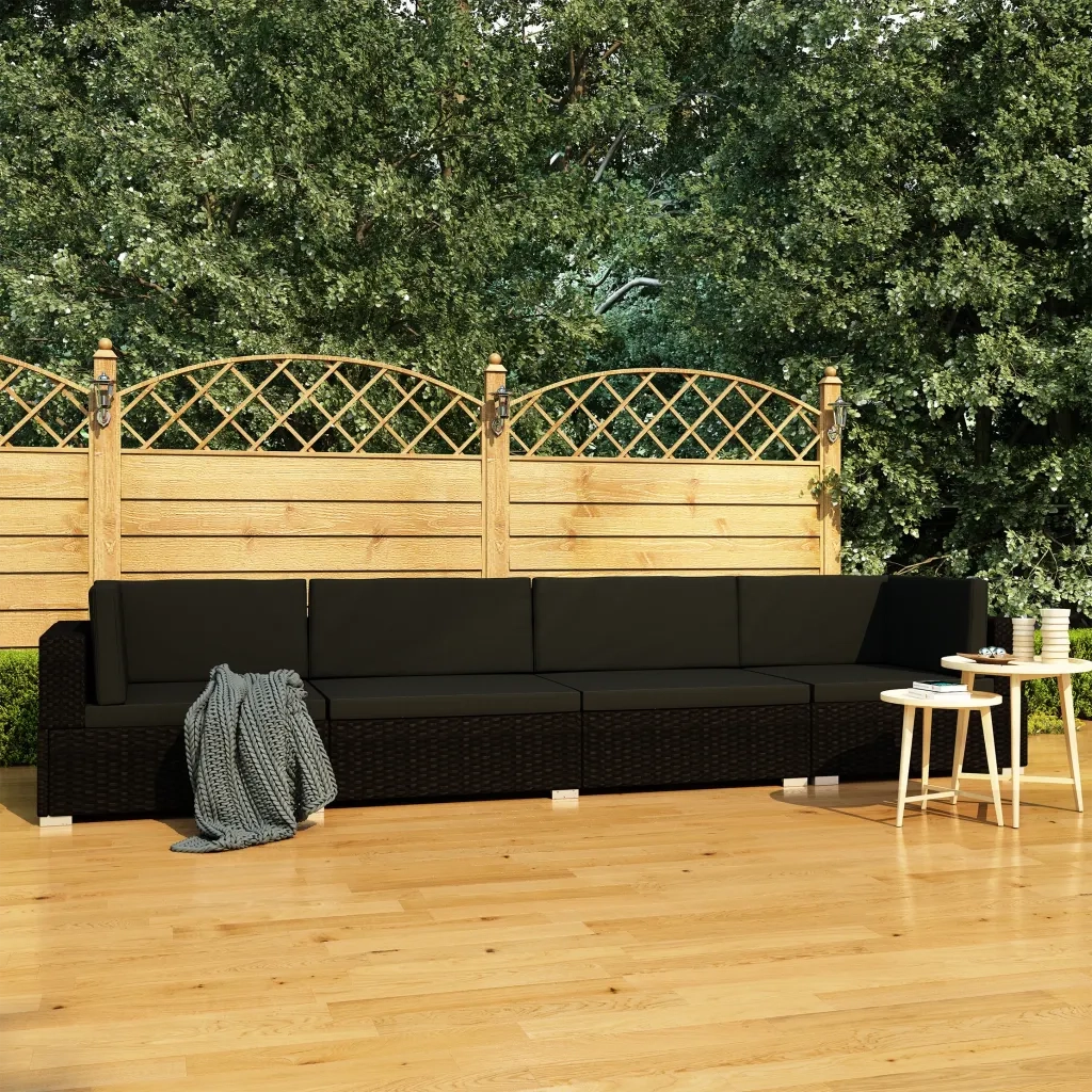 Set Divani da Giardino 4 pz | Set Salotto da Giardino con Cuscini in Polyrattan Nero