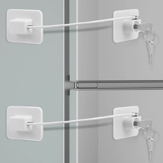 Set di serrature per frigorifero 2 in 1, serrature per finestre, serrature per armadi, serrature per finestre per sicurezza per bambini, senza foratura, serrature per frigorifero con chiave, serratura per armadietti per bambini, bianco