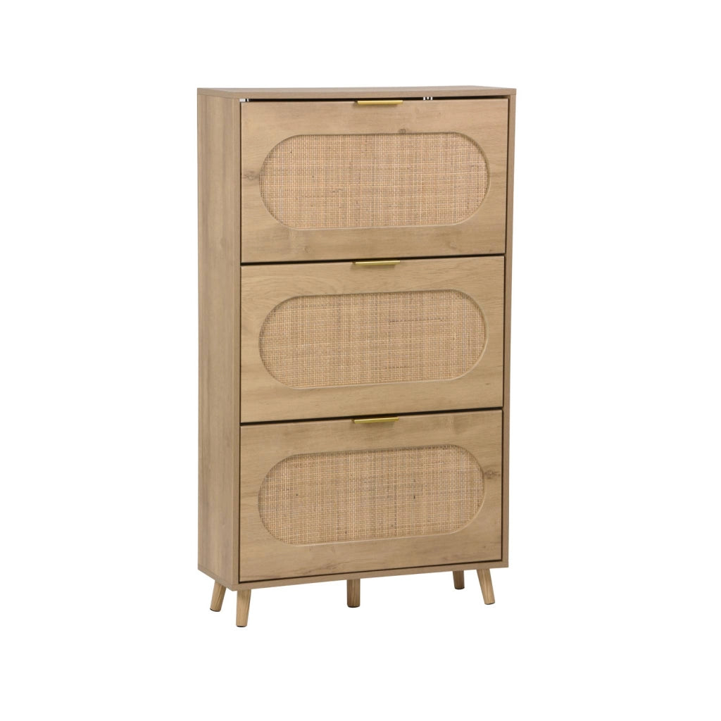 Scarpiera con decoro in legno e canna, 3 ante, marrone naturale