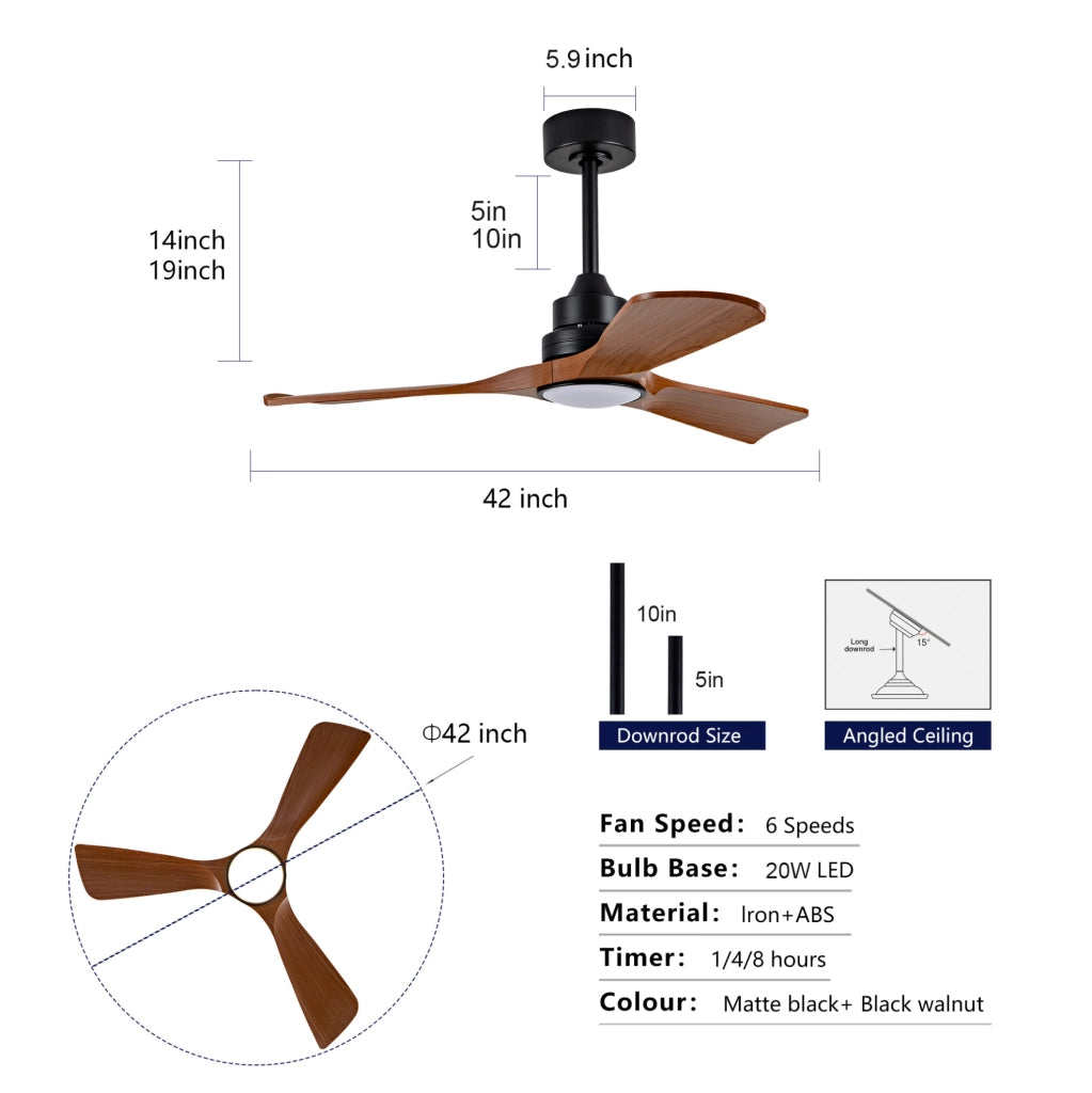 Ventilatore da soffitto con luce LED e telecomando, motore DC reversibile, ABS, nero noce scuro