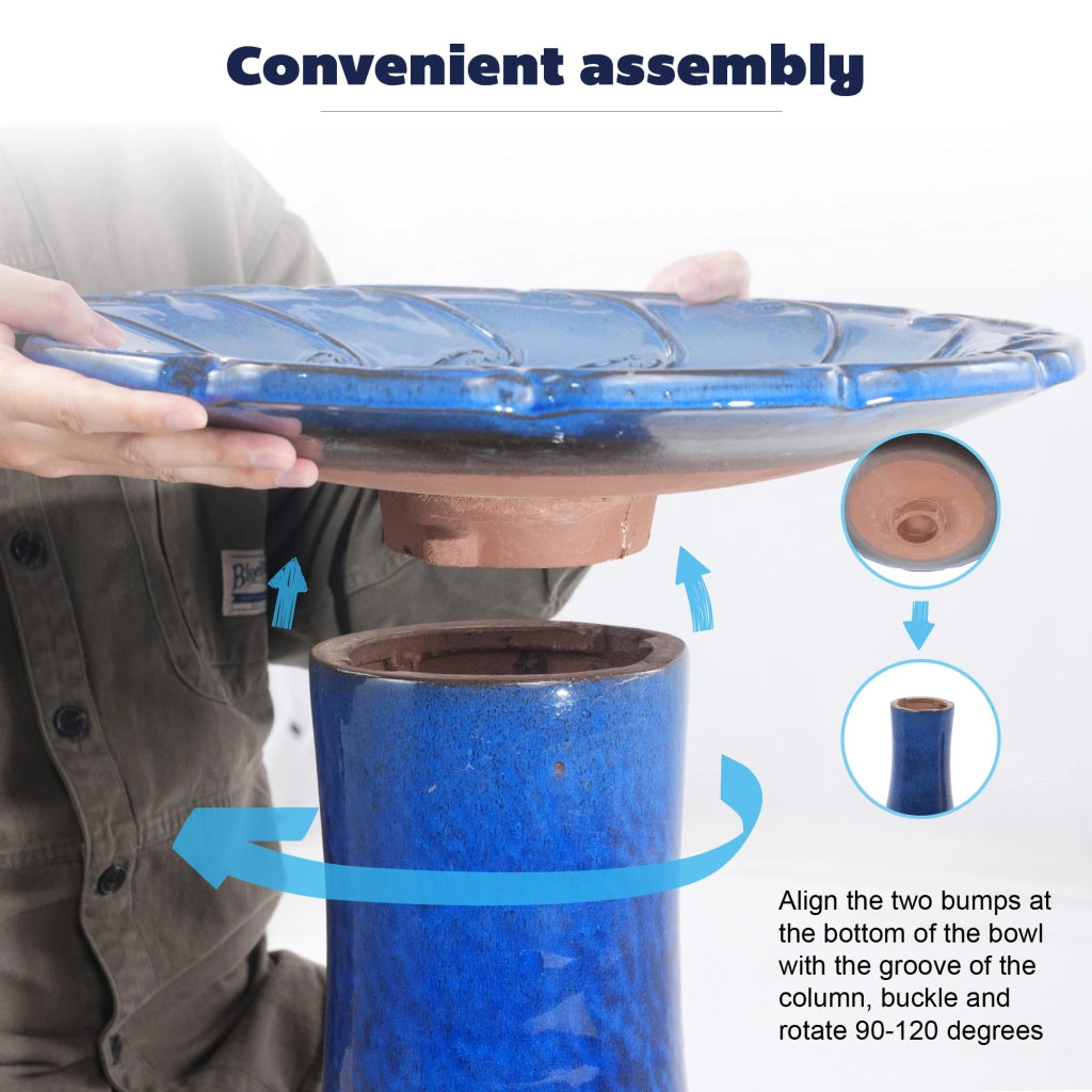 Fontana da giardino in ceramica smaltata blu fatta a mano con vasca Ø 43 cm e base alta 45 cm per esterni