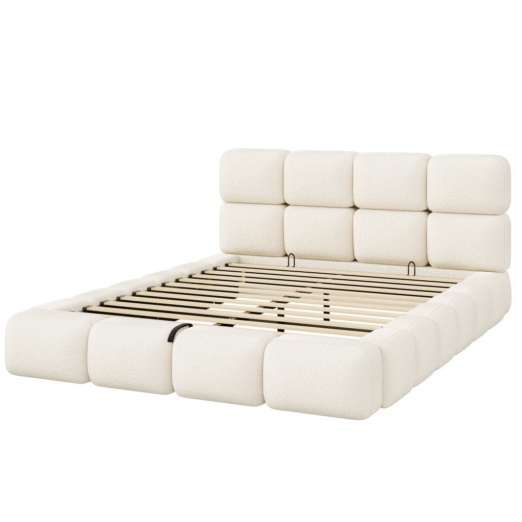 Letto Contenitore 160x200 cm; Idraulico e con Rete in Bouclé Bianco