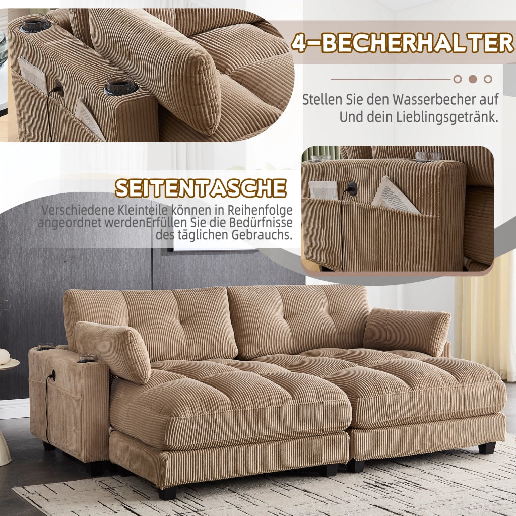 DIVANO Modulare 2 posti 224x140x81 cm tessuto corduroy kaki con 2 cuscini