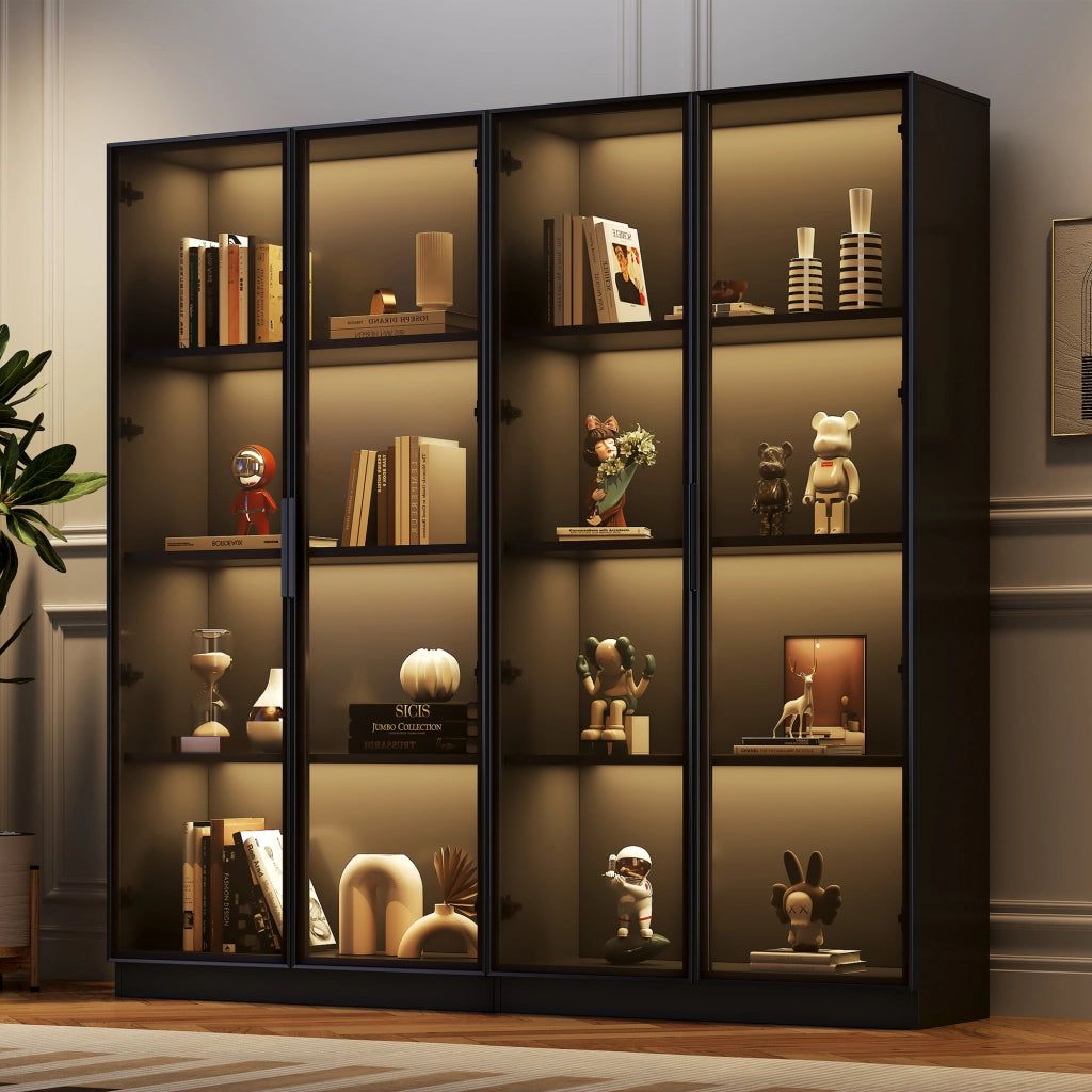 Libreria Vetrina con LED ¨C MINIMAL ¨C 4 Ante, Ripiani Scorrevoli, Soggiorno