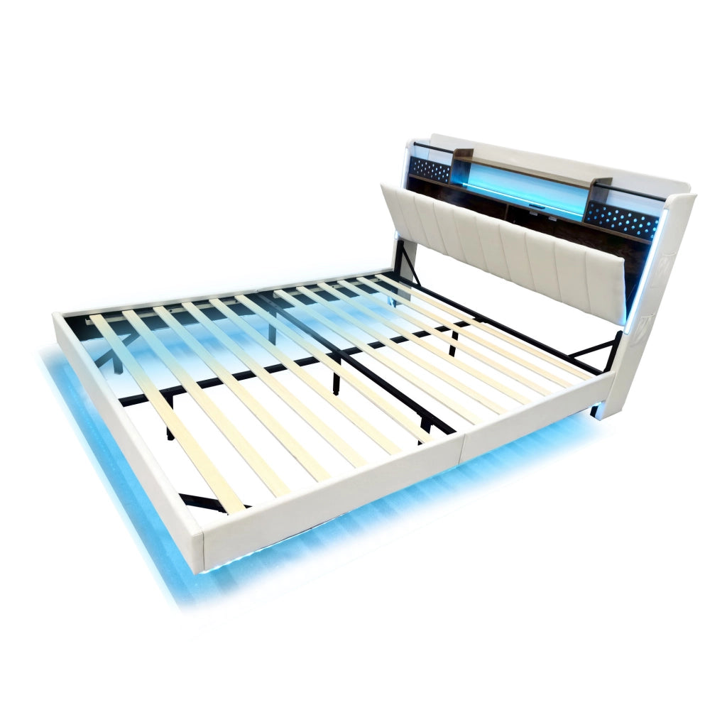 Letto matrimoniale imbottito 140x200 cm con LED; USB e contenitore; beige