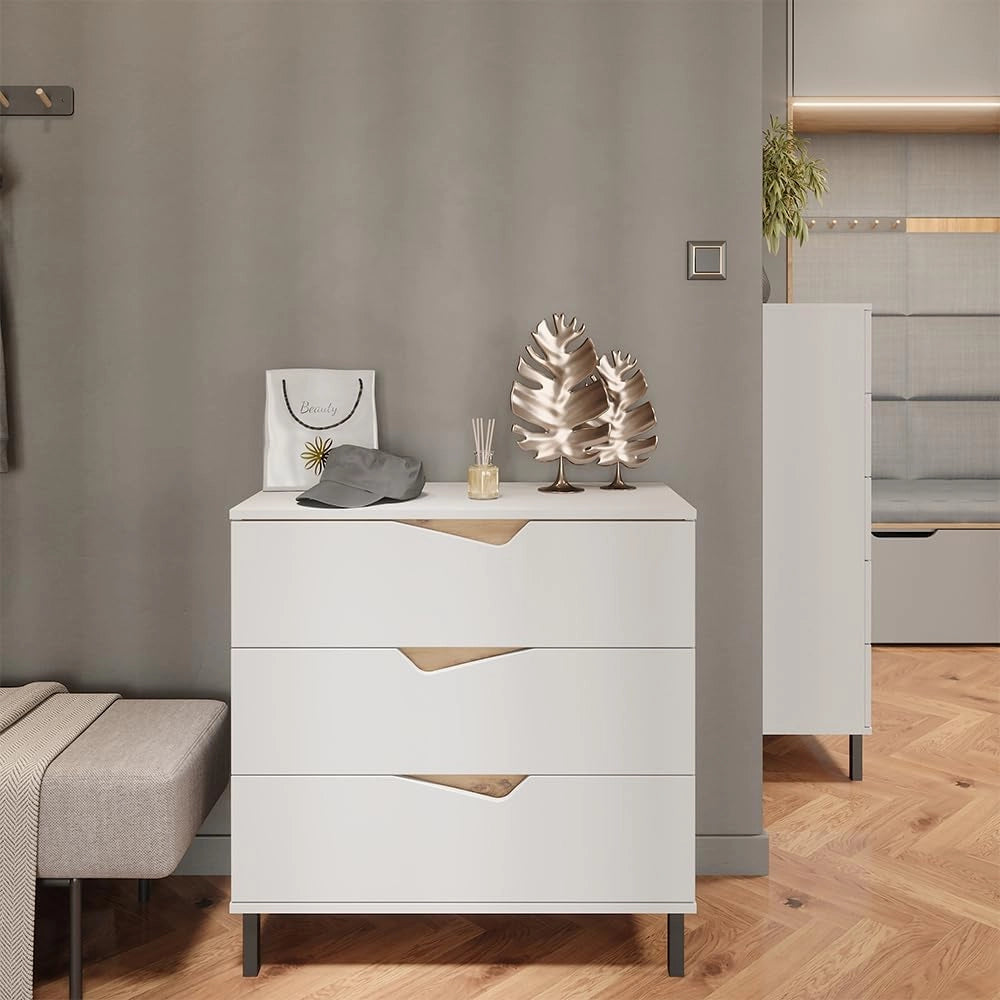 Cassettiera per camera da letto Marelle, Bianco/Artisan, 80 x 81.2 cm con 3 cassetti, adatto per riporre abbigliamento e accessori