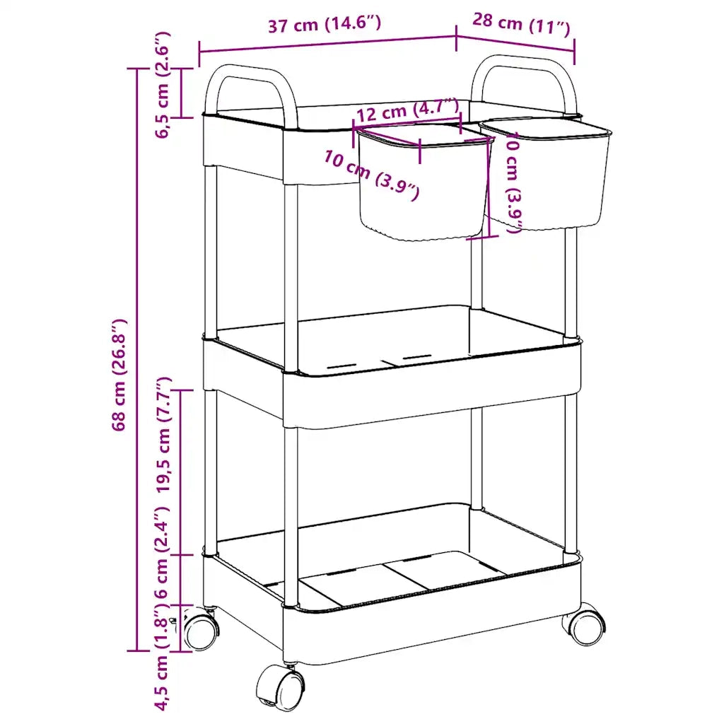 Carrello Portaoggetti a 3 Livelli 37x28x68 cm in Acrilico 4012378