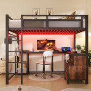 DESMIU Letto a soppalco 140 × 200 cm 2 posti con scrivania, ripiani, USB, LED senza materasso, nero